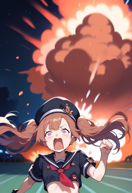 (score_9,score_8_up,score_7_up,score_6_up,score_5_up,score_4_up),best quality,masterpiece,uncensored, BREAK  1girl,(running,speed lines,dynamic:1.2),<lora:concept_aquascreaming_ponyXL:1>aquascreaming, (screaming, open mouth, crying with eyes open:1.2),<lora:miranda-nikke-richy-v1_pdxl:1>mrndnkk, pink eyes, brown hair, twintails, very long hair, bangs, black headwear, hat, sailor collar, serafuku, red neckerchief, black shirt, crop top, short sleeves,, black gloves ,<lora:ahebomb_pony:0.8>,night,explosion,upper body,detailed background ,<lora:HandFineTuning_XL:0.5>