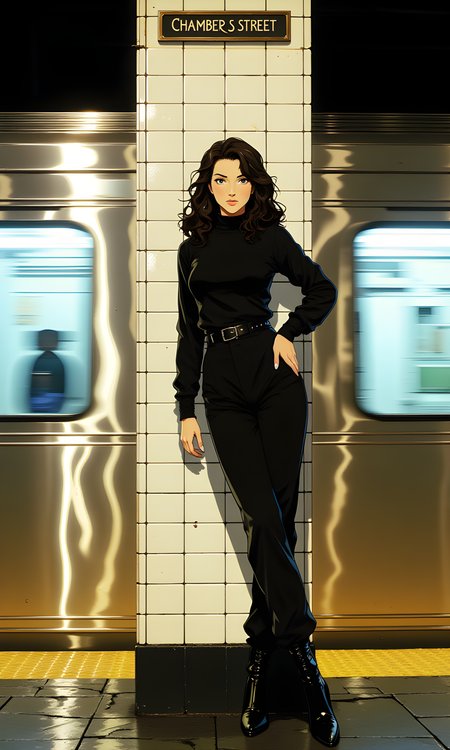 The image features a woman standing in a subway station, leaning against a white tiled column with a sign that reads "Chambers Street." She has long, dark hair and is wearing a black outfit consisting of a long-sleeved top, fitted pants, and ankle boots. Her pose is relaxed yet confident, with one hand resting on the column and the other hanging by her side.
The camera appears to be positioned at eye level, capturing the subject from a frontal perspective. The lighting is soft and even, likely from the overhead lights in the subway station, which illuminates her face and clothing clearly. The background shows a subway train passing by, adding a sense of movement and urban atmosphere to the scene.
The background consists of the subway platform, with its characteristic yellow safety line and the metallic walls of the train. The train's windows reflect some of the light, creating a dynamic interplay of light and shadow. The overall setting suggests a typical day in a busy city, with the woman perhaps waiting for her train or simply taking a moment to pause.
The composition centers the woman in the frame, with the lines of the column and the train leading the viewer's eye towards her. The use of color and texture creates a contrast between the bright white tiles of the column and the darker tones of her clothing and the train. The overall effect is one of casual elegance, capturing a moment of quiet confidence in an everyday urban environment.
BREAK anime, d13s3lp2nk, bboil artist style, OBdonman, Anime art, <lora:FLUX\Anime Art V3:0.2>, <lora:FLUX\Synesthesia:0.2>, <lora:FLUX\RetroAnimeS1.1:0.5>, <lora:FLUX\Flux-jijia:0.1>, <lora:FLUX\It's a LoRA for portraits, BUT! actually specialized in backgrounds. v1.0:0.1>, <lora:FLUX\GLSHS:0.2>, <lora:FLUX\Dieselpunk Delight - s0_9 g4:0.4>, <lora:FLUX\OBdonman, anime0style portrait:0.1>