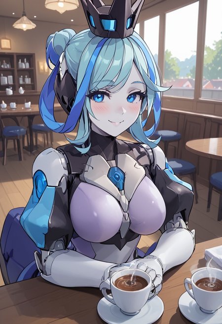score_4,score_5,score_6,score_7_up,score_8_up,score_9 ((masterpiece,best quality,ultra detailed,highres,HD,4k:1.2)), 
1 boy, solo,solo focus,girl focus,face focus,
robot joints,colored skin,
blue hair,two-tone hair,multicolored hair,streaked hair,single hair bun,crown,blue eyes,large breasts,
indoor, cafe, pov date, across table pov, across table, Coffee on the table,sitting, 
looking at viewer,blush,happy,light smile,