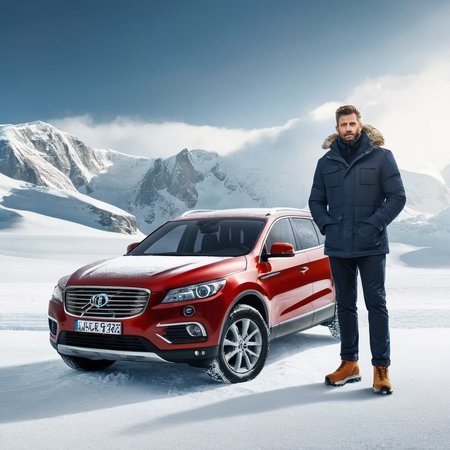 Advertising poster style,  <lora:Advertising:1.2>
A creative photo of  a man standing next to a car in the snow in north pole advertising style, Professional, modern, product-focused, commercial, eye-catching, highly detailed