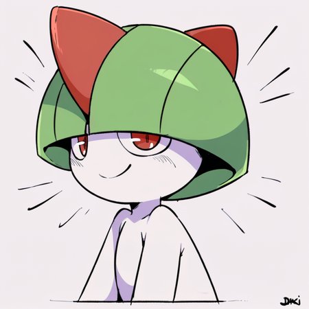 best quality, hires, score_7_up, score_8_up,  score_9_up, <lora:Ralts-17:0.9>, ralts, <lora:PDXL_artist_tags_v2:1>, (by jinu:1.2), 1boy, solo, male, pokemon, clothing, white robe, green hair, white body, red eyes, looking at viewer, smile