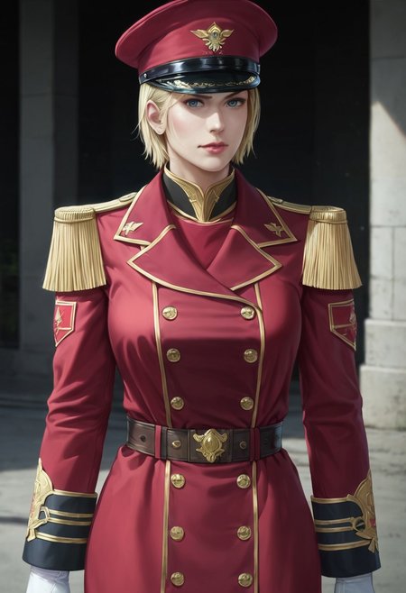 score_9, score_8_up, score_7_up, score_6_up, source_realistic, BREAK 1girl, solo, Commander, blonde, short hair, Military hat, military uniform, epaulettes, white gloves,
