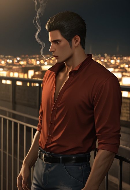 masterpiece, best quality, amazing quality, absurdres, newest, blurry background, definition so sharp, Ultra-HD, 8K cinematic, very awa, impressionate, amazing quality, highres, realistic, 
solo, male focus, manly, night, city light, rooftop, 
kiryuchan, kiryuchan_black hair, kiryuchan_black eyes, 1boy, solo, male focus, short hair, facial hair, sideburns, red collared shirt, partially unbuttoned, black belt, jeans, smoking, smoke, against fence, standing, looking far away
