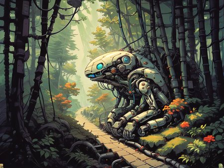 score_9, score_8_up, score_7_up, score_6_up,  <lora:cyb0rgXLP:0.8> cyb0rg, science fiction, cable, mechanical parts, forest, scenery,