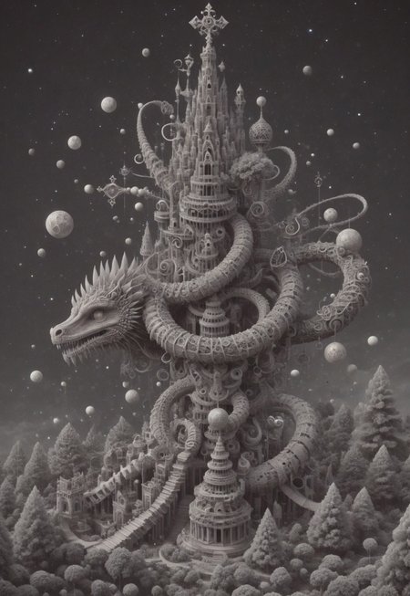 an intricate tower, mythical serpent wrapped around tower, (negative space, layer, sigils). orbs and moons, forging cluster astral keys, tetrahedral trees, (three planes),  stack, flower tiles, OverallDetail