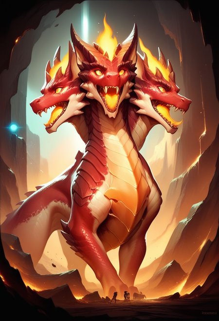 score_9, score_8, 
science fiction, dust, a dragon cerberus, red scales