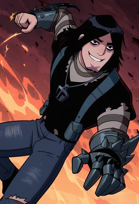 masterpiece, best quality, amazing quality, very aesthetic, absurdres, newest,
kevinov, black hair, bags under eyes, long hair, black eyes, necklace, goatee, layered sleeves, black shirt, long sleeves, short over long sleeves, torn clothes, striped sleeves, jeans, overall belt, 
dynamic pose, incoming punch, smile, teeth, metal glove, metal gauntlet, spiked gauntlet,