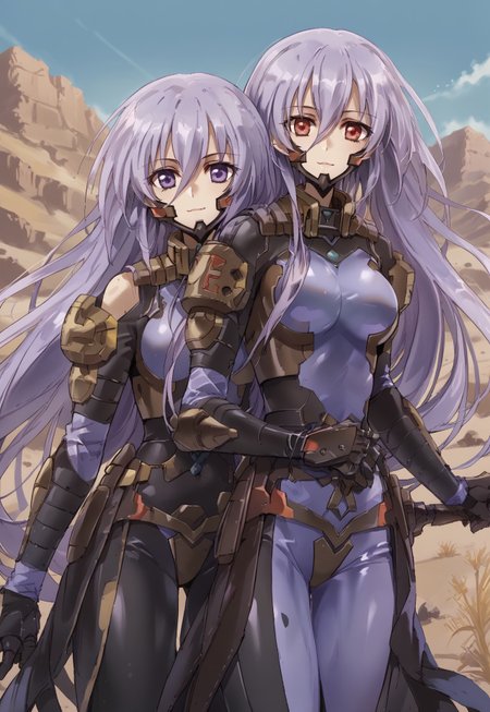 safe_pos, (score_9:0.9),score_8_up,score_7_up,rating_safe,anime style,(zPDXL),(zPDXL3),<lora:The Iris Swordsoul ponyXL v1.1:0.76>,purple eyes,light purple hair,fleurdelis, the iris swordsoul, 2girl, double, smile, closed mouth,  smile, 
schwarzesmarkenfortifiedsuit, pilot suit, impossible bodysuit,red eyes,,desert,schwarzesmarkenfortifiedsuit, pilot suit, impossible black bodysuit, whole body, Sexy Pause, 
