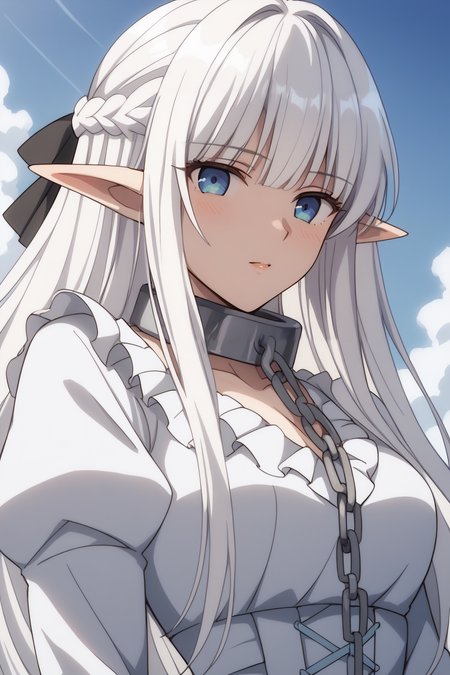 score_9, score_8_up, score_7_up, BREAK source_anime, <lora:Nephelia-PonyXL-lora-faxtron:0.8> nephelia, elf, pointy ears, blue eyes, white hair, long hair, medium breasts, metal collar, white dress, long sleeves, puffy sleeves,