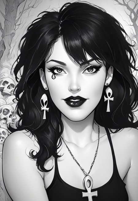 score_9, score_8_up,source_photo,hyper-realistic,perfect lighting,realistic lighting,high quality,
Break
dsk_death, 1girl, earrings, jewelry, necklace, ankh necklace, monochrome, traditional media, sketch, black lips, cross earrings, long hair, lipstick, makeup, skull, looking at viewer, comic art style, death_of_the_endless\(sandman\), greyscale, monochrome, cinematic angle, cinematic lighting, BREAK zPDXL2 PonyXLV6_Scores