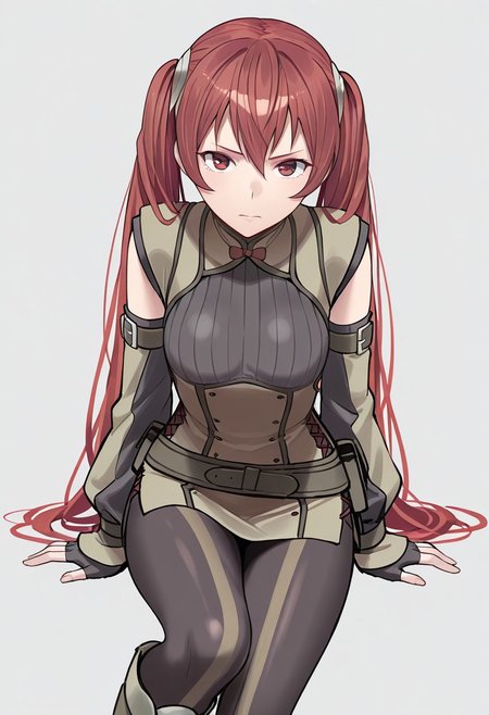 masterpiece, best quality, crimsonj-girl.fightil,
  1girl, Severa, long hair, red hair, twintails, red eyes, Tunic, detached, sleeves, pantyhose, boots
looking at viewer, close up
  Simple background, ,  perfect anatomy