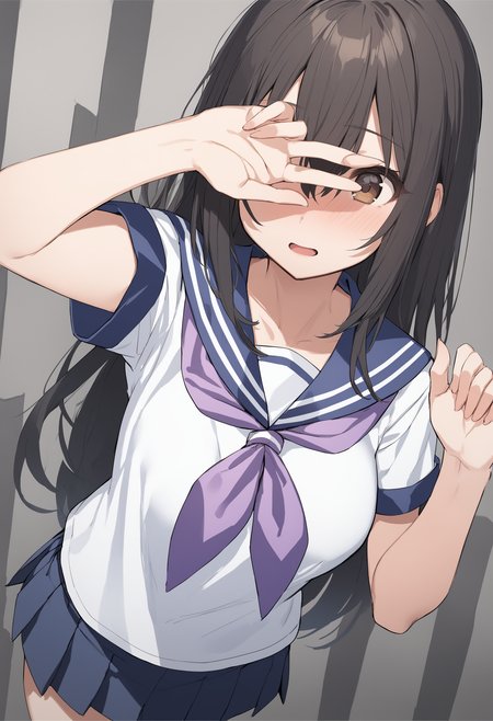 1girl,
<lora:coveringeyesXLv1:0.7>,covering eyes,
black hair, brown eyes, blush,sailor collar, hair between eyes, long hair, medium breasts, miniskirt, pleated skirt, purple neckerchief, school uniform, serafuku, short sleeves, solo, white shirt,megami magazine,
from above, wide shot, looking ahead, fingersmile, prison, open mouth,
masterpiece, best quality,