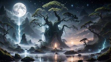 <lora:add-detail-xl:1.3>,  <lora:xl_more_art-full_v1:0.8>, Amidst the inky darkness, a moon the size of a dragonâs eye hangs low on the horizon, casting a silvery glow across the landscape. The gnarled branches of ancient trees reach upward, their twisted forms adorned with luminescent moss. A distant waterfall spills down from a cliff, its waters shimmering with iridescent hues. At the heart of this mystical scene stands an obsidian obelisk, etched with cryptic symbols. The air crackles with magic, and the stars themselves seem to dance in reverence.