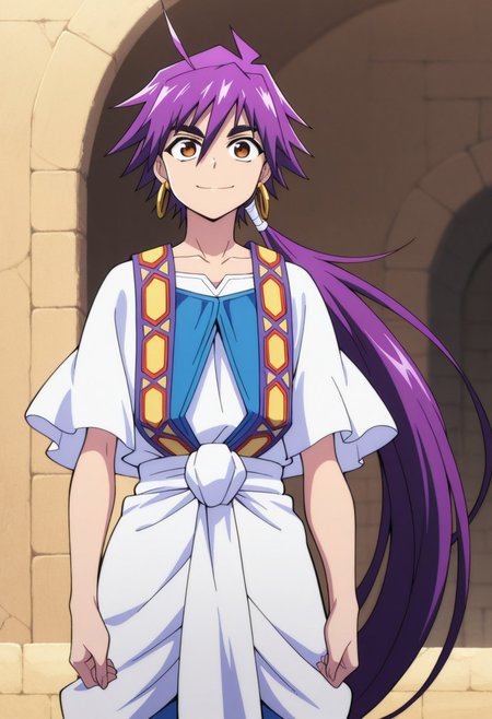 masterpiece,best quality,amazing quality, source_anime, 
Shindobaddo, 1boy, male focus, solo, brown eyes, purple hair, long hair, ponytail, hoop earrings, arabian clothes, collarbone, shirt, white shirt, short sleeves, wide sleeves, vest, blue vest, outdoor, smile,
