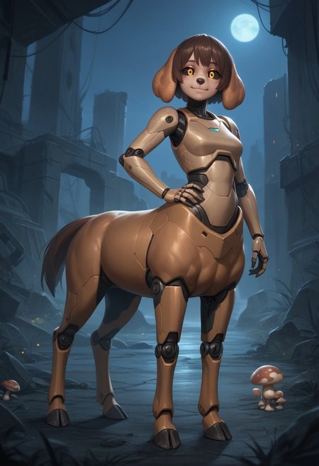 score_9,score_8_up,score_7_up,score_6_up,score_5_up,score_4_up, BREAK ((Pug)), robot, centaur, solo, smile, industrial ruins, night, hooves, brown horse tail, Robot girl, Mecha, Android, mechanical limbs, robot joints, tan metal skin, black sclera, no mouth, armor, glowing eyes, furry, brown hair, ((dog head, floppy dog ears, dog nose,)) hand on hip