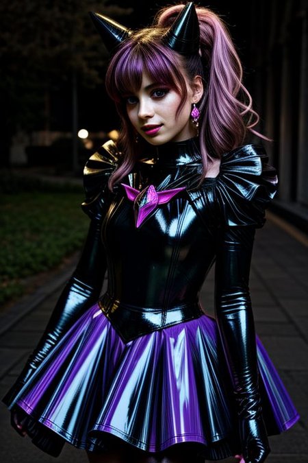 evil corrupted young princess wearing dark pastel (ruffled:1) (gleaming rubber:1.5) EvlSM DarkPrecure Bad_End_Precure gown with (long rubber cape:1) and rubber elbow bridal gauntlets, (Perfect Face:1), soft lighting, glossy red lips, ruffles,