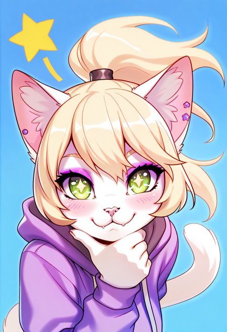 masterpiece, best quality, good quality, newest, highres, absurdres, cutie, full body portrait, looking at viewer, 
Alisa, 1girl, solo, furry female, cat girl, green eyes, eyeshadow, animal ears, cat tail, long hair, blonde hair, ponytail, animal nose, body fur, white fur, snout, blush, barefoot, 
purple hoodie, solid earrings, star \(symbol\), star-shaped pupils, symbol in eye, star in eye, :3,
hand up, dynamic pose, mischief, hyperactive, colorful themes, high saturation, excitement mood, blue background, haiz_ai, no lineart, no outline, chwo,