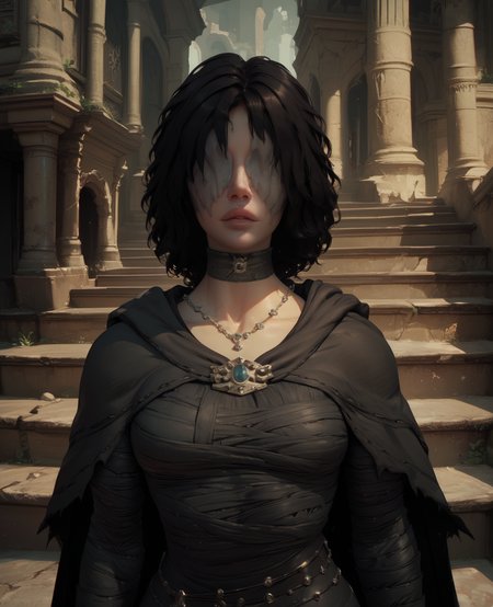 score_9,score_8_up,score_7_up,
MidenInBlack,black hair,lips,covered eyes,
choker,necklace,black dress,cape,
upper body,standing,
stairs,magical ruins,
<lora:MaidenInBlack135:1>,