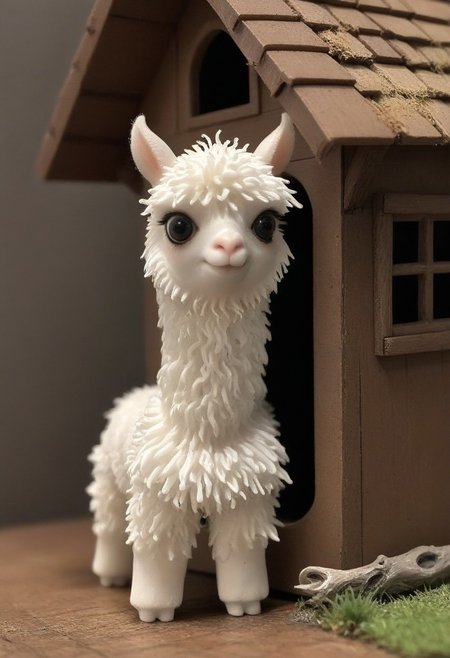 a fluffy miniature alpaca in 3d printed house, CreepyCuteMagical