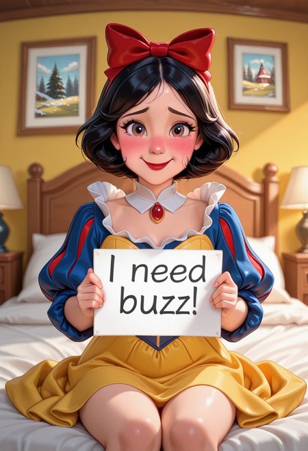 score_9, score_8_up, score_7_up, masterpiece, best quality, DISNEY_ANIMATION, 1girl, solo, smile, Black bobbed hair, red bow, fair skin, rosy cheeks, red lips, brown eyes, blue and yellow dress, white collar, puffed sleeves, snow white, indoors, bedroom, sitting on bed, nervous, blushing, detailed room background, front view, looking at the viewer BREAK need_buzz, holding sign
