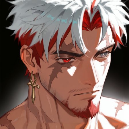 <lora:Scar:.8> scar_wuwa, multicolored hair, white hair, red hair, heterochromia, red eyes, grey eyes, earrings, scars
face focus, close-up, 
(very short hair, beard, bara, mature, facial hair, stubble, beard, full beard, sideburn, beard, a lot of beard, ), facial hair,male focus, muscular male, muscular male, bara, mature,  bara, mature, aixiwuganda_(20222192), very awa, masterpiece, best quality, absurdres, newest, perfect quality, detailed background, intricate details,
<lora:slider_Body Type_alpha1.0_rank4_noxattn_last:3><lora:style_Anime Summer Days 2 Style SDXL_LoRA_Pony Diffusion V6 XL:.6><lora:slider_cfg_scale_boost:.7><lora:Artist6p:.55>, Artist6p, Artist04p,<lora:slider_il_brightness_slider_d1:-1><lora:slider_il_contrast_slider_d1:-1><lora:slider_DarkSlider1.2_alpha1.0_rank16_full_300steps:-.6>