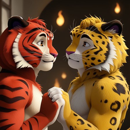 score_9, score_8_up, score_7_up, text by zBodiRD,
leoandtig, crossover, tiger, white background, leo, leopard, yellow fluffy leopard, the leopard's fur is short, soft and thick, bright yellow with small black dots, The tiger's body also seems full because of its thick fur. The body is large, strong, powerful and dense. The paws are heavy, strong, wide and powerful - well adapted for fighting, The fur is fluffy, long, thick, soft and warm, fiery orange, almost red in color, There are thin black stripes all over the body (they are missing only between the eyes),
dutch angle, high quality, hires, anthro, detailed background, detailed eyes, emotional, easy negative, teeth, blurry background, furry, pectorals, furry_male, furry, (Beautiful colors), (colorful), bright colors, (highlighted), 
different sizes of characters, they hold hands, balls, Split Lighting style
