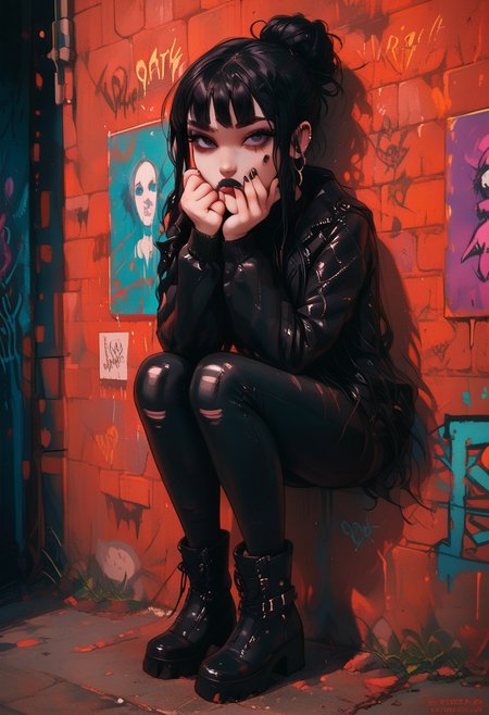 score_9, score_8_up, score_7_up, masterpiece, best quality, brick wall, graffiti green Chimpanzee face, colorful graffiti, dirty walkway BREAK, 1girl, goth, black leather pants, high boots, ornamented top, long messy and tied hair, hair bun, only black clothes, dark hair, big breasts, close jacket Break. possing, wallking, looking at the viewer, (hand on chin), fFaceDetail, g0thicPXL, glowing, neon, Graffiti