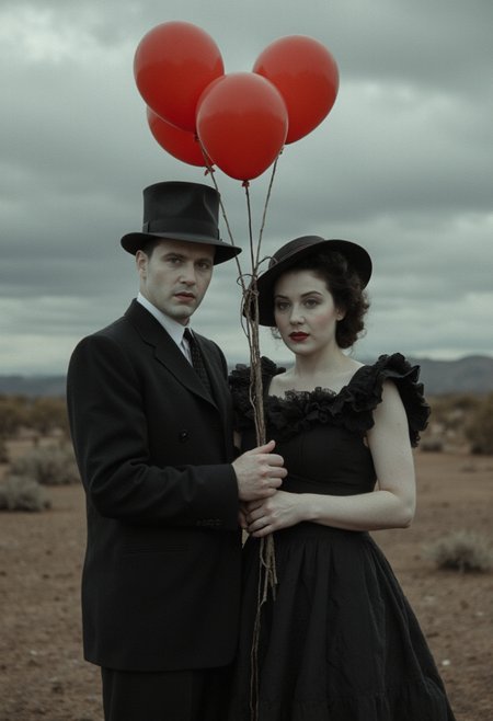 The eerie couple stands close together in a desolate landscape, as the wind rustles their costumes, creating a haunting atmosphere. The male clown, donning a dark top hat and vintage attire, grips a bunch of vibrant red balloons, while the female clown, clad in a ruffled, dark dress, gazes with an enigmatic expression. The gray sky looms ominously overhead, enhancing their spectral presence against the barren backdrop.. cinematic_1940s