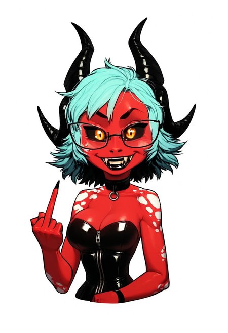 a furry sticker of, white outline:1.4, HCSV1,  Helluvabossstyle, helluvastyle, HBstyle, by incase, score_9, score_8_up, score_7_up, score_6_up, score_5_up, best quality, highly detailed, intricate details, extremely detailed, masterpiece, 4k, fine details, subtle soft details, futanari, simple background, white background, ((Imp, demon)), ((red skin with white spots:1.4)), (((black sclera:1.4))), ((glowing orange eyes, orange iris, black pupils, split pupils)), (long demon tail), ((black ram horns:1.5)), ((long light teal hair:1.4)), ((purple slave collar)), ((black lipstick)), black eyeliner, plump, cute, medium breasts, cleavage, curvy, long fingerless gloves, large iris, 1girl, solo, (bust shot), eyes partially closed, light blue tongue, (latex leotard under clothes:1.3), black claws, detailed white teeth, smile, teeth, smiling, happy, mechwear, (corset), bdsm, pink latex bodysuit, zipper, skin tight, pink t-shirt, shorts, shortstack, Barbie Wire, underrim_metal, glasses, under-rim eyewear, black-framed eyewear, pink crop jacket, flippingthebird, middlefinger