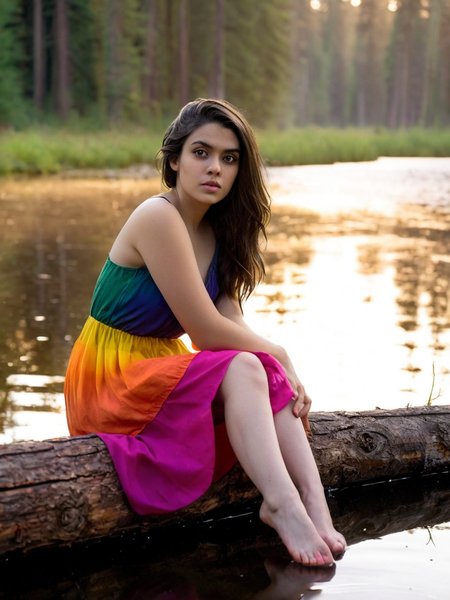 Cinematic fashion photograph  Amina_Massoud_P_MXAI_SDXL , calm expression, wearing a colorful sundress, sitting on a log at a misty forest pond, golden hour, shot from the side, PA7_Portrait-FL