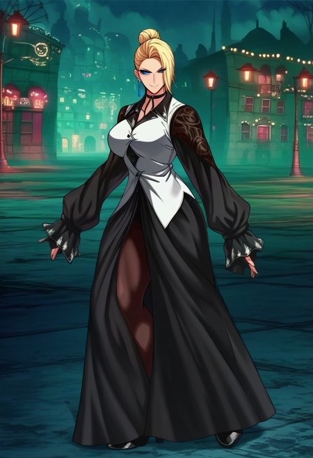 score_9, score_8_up, score_7_up, score_6_up, source_anime, 1girl, 18 years old girl maturekfsXV, , (big breasts:1.5), (large cleavage), black shorts,pantyhose, hair bun, hair over one eye, blonde hair, blue eyes, eyeshadow , beautiful face, earrings, choker, long dress, black sleeves, long sleeves, white vest, black heeled boots,sexy smile, sensual smile, city, night, dramatic shadows, posing sexy, thighs , puffy nipples, high quality anime movie, , , wide shot ,Tbtniki style , raw, concept art, full body,