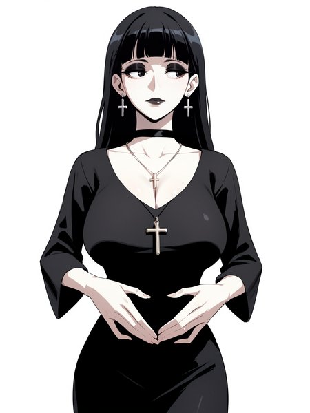 score_9, score_8_up, score_7_up, score_6_up, score_5_up, score_4_up,
BREAK
1girl, black hair, long hair, straight hair, blunt bangs, adult, mature, black eyes, long eyelashes, black eyeshadow, black lips, black choker, half-closed eyes, looking away, pale skin,
BREAK
solo, hands on stomach, large breasts, skinny, black dress, black long dress, cross necklace, cross earrings,
BREAK
white background, simple background, dynamic pose, dynamic angle, angled shot, <lora:Lunas-Tedain-SDXL-A1:1>