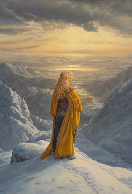 1woman, blonde hair, the grim reaper, facing away, rocky hill, standing, robe blowing in the wind, clouds, sky, sunset, stars, cosmic, in meditation, ultra detailed landscape, bright yellow, energy surrounding surrounding him, volumetric lighting, ultra detailed clothes, ultra detailed body, ultra detailed hair, a city made of blue crystals is on fire in the distance, serenity, holding a sword,
by Natalia Rak and Barclay Shaw in the style of Jessica Rossier,  <lora:EnvyAnimeWatercolorXL02:0.60> ,   Elmore_Style_LX <lora:Elmore_Style_LX-000011:0.60>