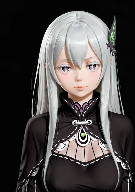 masterpiece,best quality,amazing quality,realistic,aotumedoll,<lora:aotumedollv3_r1:1>,black background,
1girl,looking at viewer,standing,upper body,echidna \(re:zero\),