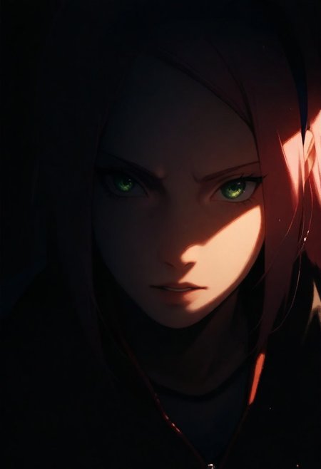1girl, Sakura Haruno (Naruto), solo, dark, light, masterpiece, best quality, very aesthetic, close up,  parted lips