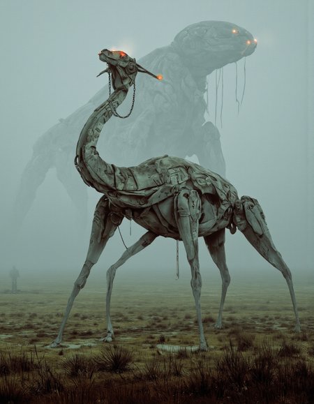 Art by Col Price & Ronan Le Fur.
A digital illustration shoot from a front camera angle about a large, metallic robot with glowing red eyes standing in a desolate landscape. the image also shows a distant silhouette of a camel in the distance. on the middle of the image, a robot with a long, slender body and multiple legs stands in a foggy field, with a distant figure in the background. the robot appears to be in a standing position, with its head turned slightly to the side and its eyes glowing red. it has a sleek, metallic design with intricate details and a chain attached to its back, and its body is composed of multiple arms and legs, giving it a mechanical appearance. the background is a misty, foggy sky with a faint silhouette of another robot behind it, adding a sense of depth and atmosphere to the scene. the overall color palette is muted, with shades of blue, green, and brown, and the lighting is soft and diffused, giving the image a sci-fi feel.