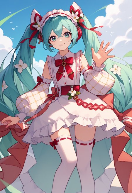 score_9, score_8_up, score_7_up, solo, 1girl, strawberrymiku, smile, looking at viewer, waving, twintails, hair ribbon, red ribbon, hair flower, white flower, hair bow, red bow, frilled hairband, white dress, frilled dress, sleeveless dress, white sleeves, detached sleeves, puffy sleeves, wide sleeves, white thighhighs, outdoors, blue sky, cloud <lora:vocaloid_strawberrymiku_ponyXL:1>