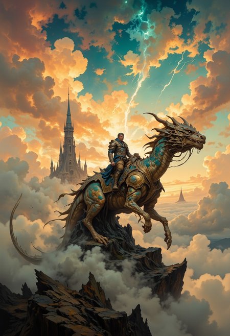 score_9, score_8_up, score_7_up, 8k high quality digital painting, masterpiece, very detailed, ultra realistic, (best quality) very detailed epic masterpiece, unearthly beautiful, full body, boris vallejo style, frank frazetta style, realistic oil painting, retro artstyle, full body, 
A futuristic warrior rides on a flying dragon above the clouds and looks at a flying sailing ship in the distance that rises above the clouds. Closed cloud cover, above the clouds. The low sun creates long shadows and color effects on the clouds. Backlighting. Romantic, fairytale-like atmosphere. Fantasy. Dreamily beautiful, peaceful, epic scene, warm yellow light, colorful sunset.
realistic, full body, Rembrandt style, Vermeer style, realistic realistic, realism, full body, photo realistic oil painting, photo realistic painting