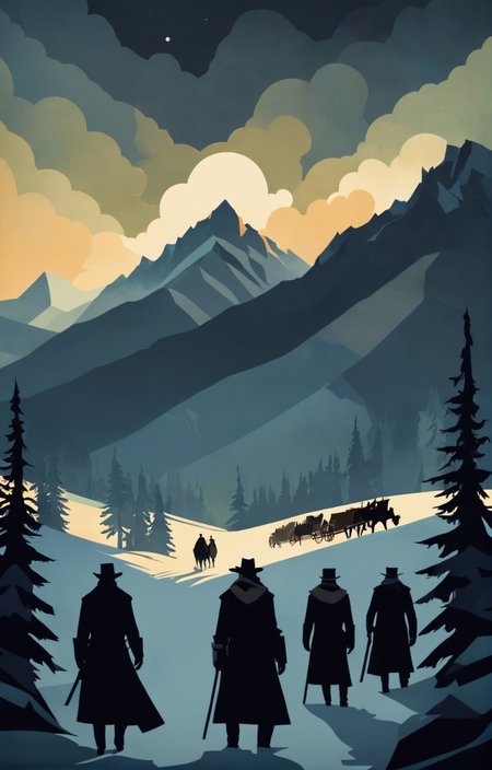 Cubism Art of (The Hateful Eight film style), Horror Academia aesthetics, soft-hued colors, stunning background. dark and moody, a mesmerizing blend of light and shadow. masterpiece, absurdres, intricate details <lora:The Hateful Eight film style:0.46>, flat geometric forms, 2D, limited color palette, cubism art