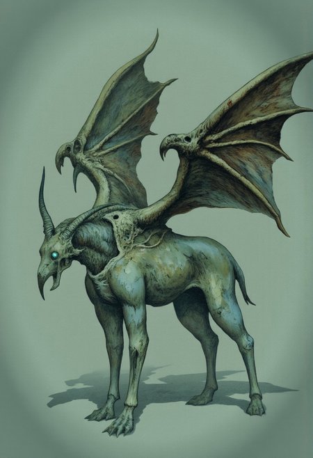 aidmaMJ6.1, Made out of paper, a PaperStyle , d4artstyle, d4concept, , d00mstyle, made of clay, ZBClay model of a gray sculpture AmanoER 
a MikeFranchinastyle 
creature that merges goat and bird-like features with a demonic, ancient presence. The body is muscular yet skeletal in places, with patches of decaying flesh revealing sinewy, bone-like textures. It has long, sturdy goat legs ending in clawed, avian talons, adding an ominous balance of agility and strength. The head is an unsettling fusion: a skull-like goat face with large, twisted horns, while a sharp, curved beak protrudes, giving a vulture-like menace. The eyes are large, glowing with an unnatural, piercing light. Massive, tattered wings emerge from its back, a mix of leathery bat textures and skeletal bird feathers, suggesting years of wear and a dark purpose. The neck and spine show bony ridges, blending into the creature’s angular, armored shoulders. Overall, the color palette is sickly shades of ashen gray and decayed green, with areas of exposed, bruised skin and veins. Focus on textural details: the cracked, aged horns, the sharp beak, and the worn, tattered wings.
Background solid color with a faded dimly lit, fog-covered darkness tone that emphasizes its silhouette. The medium is not a traditional painting or illustrative medium like watercolor or ink but rather a digital rendering, eerie and unsettling.