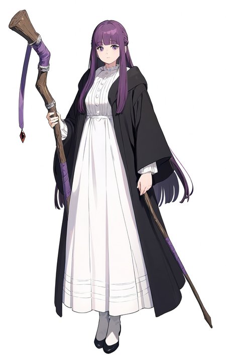 8k, best quality, masterpiece, (ultra-detailed), (high detailed skin), 
full body, full shot, standing, looking at viewer, (solo:1.2), simple background, white background, 
<lora:feilun-a3-Tanger:0.8>, fellun, default clothes, black robe, white dress, 1girl, solo, long hair, purple hair, purple eyes, 
staff,