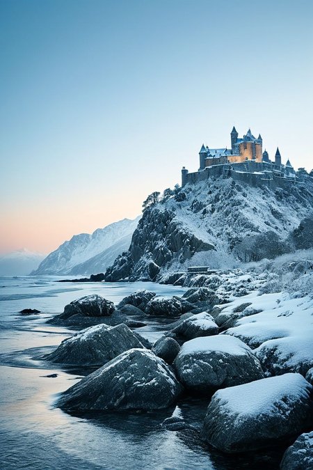 (((a snow-covered mountain range, with a castle perched on a rocky outcrop.))), Muted Blues, Coastal Calm: soft lighting, blue tones, soft focus, serene ambiance, coastal elements, gentle textures, tranquil look, peaceful atmosphere, coastal aesthetics, capturing nature's beauty, calming emotions, coastal scenes, artistic feel, storytelling through textures, professional technique, gentle light manipulation, coastal concept, peaceful styling, tranquil environment, surreal aesthetics, captivating narratives, intricate details, coastal landscape, editorial storytelling, soft glows, evoking calmness, pushing creative vision <lora:add-detail-xl:2> <lora:Cosine_freck:1>
