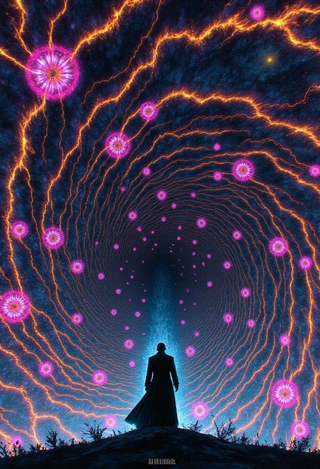Photorealistic Monochrome, Closeup of An Epic cinematic old, imposing hkmagic wizard stands before a crumbling stone bridge, blocking the path with his hand raised in a commanding gesture. His long robes ripple with a mind-bending optical illusion of swirling neon colors—pinks, blues, and yellows—that distort reality around him, creating a dizzying effect that stretches into infinity. The entire scene, from the bridge to the wizard’s figure, is warped and twisted by this overwhelming MESMERIZING OPTICAL ILLUSION. The scene is both awe-inspiring and visually overwhelming, as the illusion pulses with energy. mythp0rt