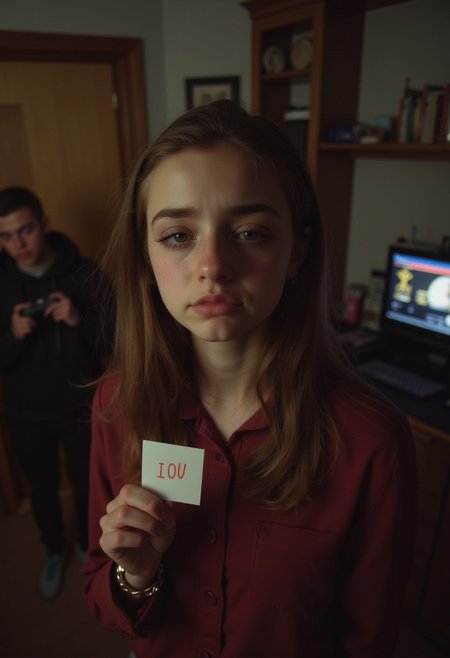 A young woman stands in the foreground, her eyes brimming with sadness, holding an "IOU" card meant for Valentine's Day. Her expression is a mixture of heartbreak and longing crying. In the background, through the doorway, her boyfriend is absorbed in his PlayStation game, oblivious to her feelings. The room is dimly lit, emphasizing the emotional distance between them