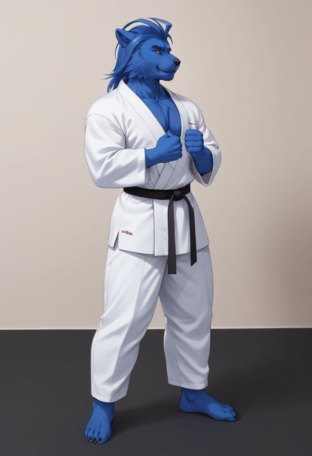 (((Barefoot furry character, full body, cinematic setting, furry male, plantigrade))) 
(((Beast from X-Man))), muscular, beefy, brawny, (((wears white kimono and lonh white pants))), (((performs karate kick))), high kick, blue fur on entire body
BREAK, detailed background, 8K, (masterpiece:1.5), intricate details, highly detailed, extreme detail, octane render, fine art, best quality, highres, (detailed face:1.5), ((full_body)), UHD, (((perfect hands))), low light
