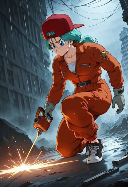 safe_pos, (safe_pos, source_anime, score_9, score_8_up, score_7_up, masterpiece, ultra-detailed, highres, 8k), dragon_ball, dragon_ball_z, source_anime, drgbl, anime screenshot, original art style, anime screencap, BREAK,

1girl, solo, bulma, future saga, milf, older woman, mature female, collarbone, long hair, aqua hair, low ponytail, blue eyes, marionette lines, (wrinkles:0.8), blue eyes, BREAK,

mechanic, (red jumpsuit), backwards hat, baseball cap, red headwear, partially unzipped, long sleeves, grey gloves, belt, sneakers, two-tone footwear, black footwear, shoes, tattered clothing, weathered clothing, BREAK,

(from the side), natural perspective, proportional to environment, foreground subject, accurate human scale, dynamic angle, dynamic pose, (focused expression), mid-action, crouched low, one knee on the ground, one hand steadying the drone, repairing a broken drone, drone partially visible, welding tool, tool in hand, laser welding on machinery, sparks flying from tool, sharp focus, BREAK, 

dark industrial facility, dark workshop, scattered tools, faint orange glow from sparks, heavy rain dripping from machinery, broken screens reflecting light, ruins, detailed background, gloomy lighting, 