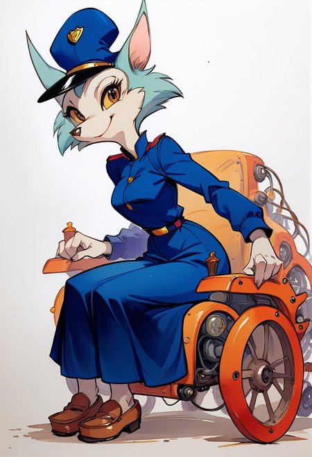 score_9, score_8_up, score_7_up, score_6_up, score_5_up, score_4_up, masterpiece, perfect face, perfect hands, high quality, source_cartoon, watercolor \(medium\), traditional media, merustyle, dynamic pose, side view, furry, carmen_patrol_03, carmen_fox, young adult, blue fox, 6 heads tall, fox girl, furry, yellow eyes , medium perky breast, thin waist, cute, detailed face, smiling, Police uniform, blue hat, mini skirt, bare legs, loafers, looking viewer, simple background,
Powered Wheelchair, cyberpunk style wheel chair, mechanical parts, robot manipulator with wheelchair, carmen sitting wheelchair, reelmech, mechanical parts, cable, wires, machinery, joints,