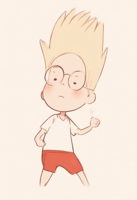 score_9, score_8_up, score_7_up, source_cartoon, solo,1boy, solo, human, male focus,  Lewisrobinson, blonde spiky hair, glasses, blue vest, red shorts, white shirt, confident pose, cartoon style, brown shoes, white socks. looking at viewer, standing, dynamic pose, motion blur, motion lines, legs apart, black space background, ng_deepnegative_v1_75t, By bad artist , bad_pictures, fcNeg, chibi,
