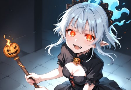 (masterpiece), (score_9, score_8_up, score_7_up,source_anime), 4K8K, 
(from above), misty, steam, fog, Floating Halloween pumpkins, 
halloween, halloween fantasy, jakkRo, 
(pumpkinhead woman, Pumpkinhead:1.3), (solo), (Glossy skin, pale skin:1.3),  (crossed arm, hold stick), burning pumpkin, (dark aura:1.4), (smirk, half-opened mouth, Canine, tooth, fang1.2), 
(medium figure:0.9), (pointy breasts:1.1), 
(glowing eyes), 
(wearing vampire cos, dress, makeup, red and black dress, Miniature Hats, zettai ryouiki, thighhighs:1.2), 
(emperor's audience room, dark room:1.3), elf ears,