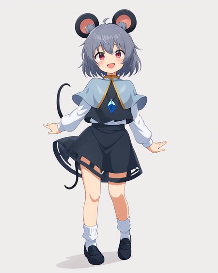 nazrin,1girl, solo, white_shirt, mouse_tail, open_mouth, long_sleeves, grey_vest, mouse_girl, grey_skirt, white_background, simple_background, white_socks, layered_clothes, smile, skirt_set, pendant, black_footwear, crystal, blush, shoes, standing, full_body, white_capelet
<lora:nazrin_image9511_2023-12-20-000006:1>,star-shaped_pupils,symbol-shaped_pupils,. gorgeous,key visual, vibrant, studio anime,award-winning, professional, highly detailed,high budget, cinemascope